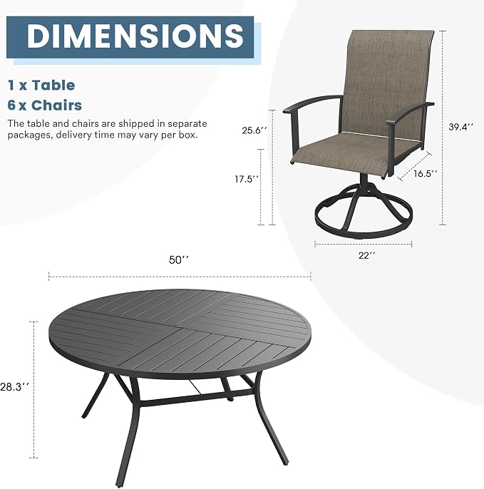 DIFY 7 Pieces Outdoor Dining Set, Metal Patio Table and Chairs Set for 6 with Umbrella Hole, 50" Black Round Table and Brown Textilene Swivel Patio Chairs for Garden, Backyard, Poolside