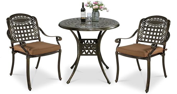 VIVIJASON 3-Piece Outdoor Patio Bistro Set, All-Weather Cast Aluminum Furniture Dining Sets Include 2 Cushioned Chairs and 31" Round Table w/Umbrella Hole for Balcony, Lawn, Garden, Backyard