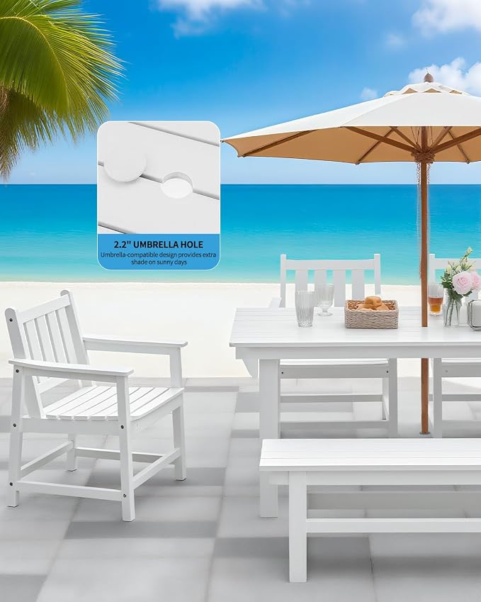 Outdoor HDPE Dining Set for 6, Patio Dining Furniture Set with Umbrella Hole Table and 1 Bench and 4 Chairs, All Weather Outdoor Dining Bench Sets for Poolside, Garden, Deck, White
