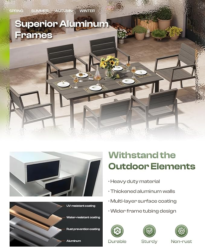 Outdoor Dining Set for 6, Patio Table and Chairs Set with Umbrella Hole, 7 Pieces HDPS + Aluminum Outdoor Furniture Sets for Patio, Garden (Charcoal)