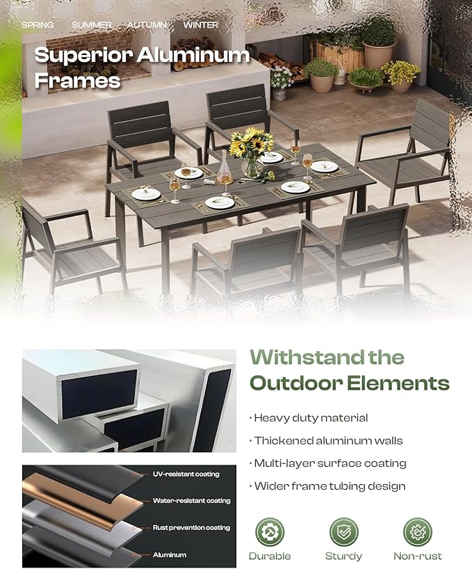 Outdoor Dining Set for 10, Patio Table and Chairs Set with Umbrella Hole, 12 Pieces HDPS + Aluminum Outdoor Furniture Sets for Patio, Garden (Charcoal)