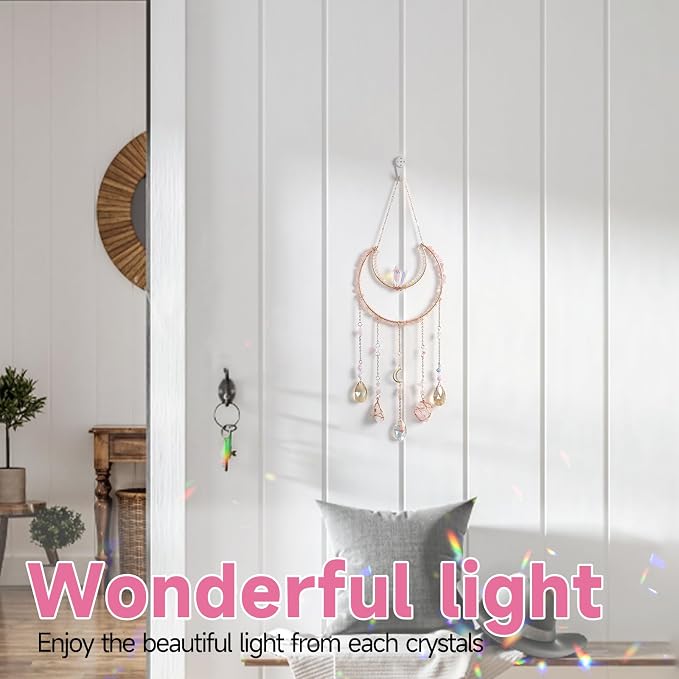 Crystal Suncatcher, Dreamsum Window Suncatchers with Crystals and Stones | Sun Catchers Indoor, Window Catcher with Prism Slices, Moon Crystal Suncatchers gift for Girls, Lover and Mom-Pink