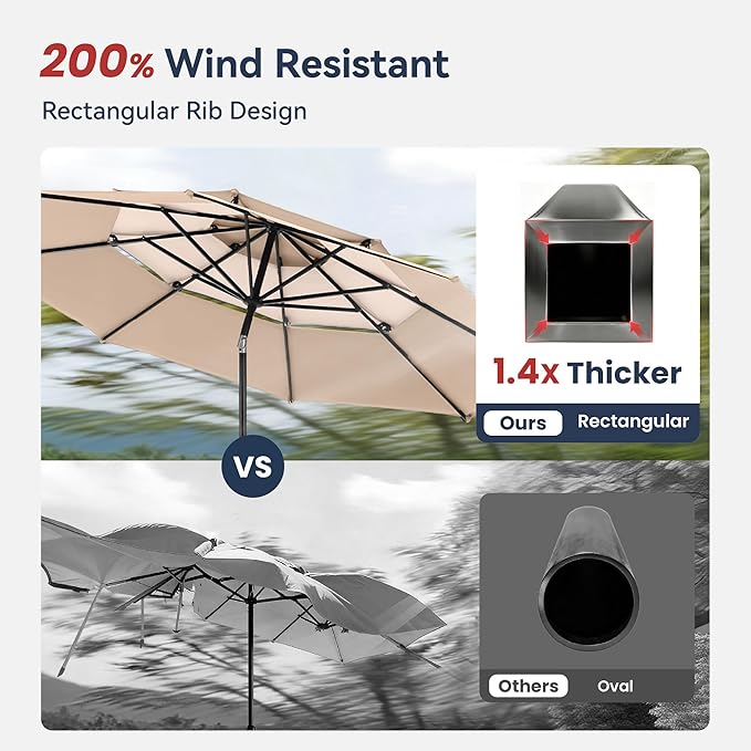 PHI VILLA 10ft Outdoor Patio Umbrella for Outside, 3 Tier Vented Round Market Table Umbrella Windproof for Backyard, Deck, Garden, Beige & Tan(No Base)