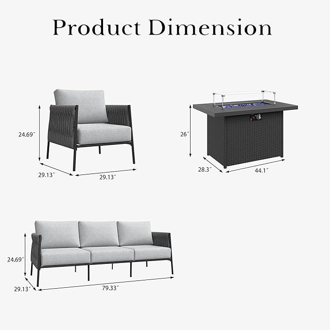 LayinSun 4 Piece Outdoor Furniture Set with Fire Pit Table, Modern Rope Woven Patio Conversation Sofa Set with Olefin Braid and Deep Seating