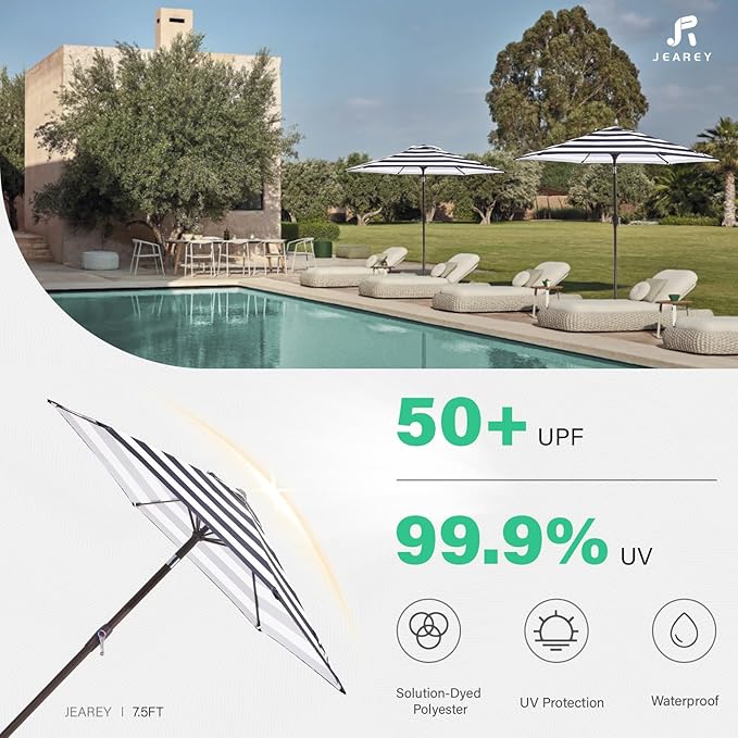 JEAREY 7.5FT Patio Umbrella Market Table Umbrella with 6 Sturdy Ribs, Push Button Tilt/Crank Outdoor Umbrella for Garden, Deck, Backyard, Pool, Black & White Stripe