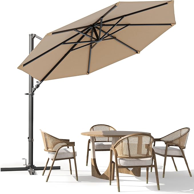 Greesum 10FT Outdoor Patio Umbrella with High Pedel and 4 Gear Heights, Large Offset Market Umbrella with 360-degree Rotation, Without Base, Hanging Outdoor Shade for Garden, Lawn, Pool, Brown