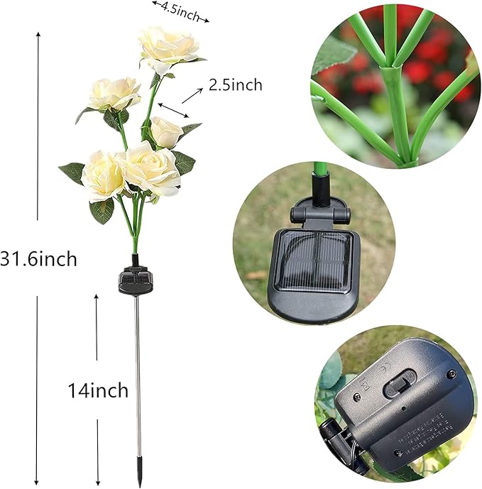 SmilingTown Solar Garden Stake Lights 2 Pack with 10 Rose Flowers Landscape Path Decorative Lights Waterproof for Outdoor Yard Grave Cemetery Pathway Courtyard Lawn (White)