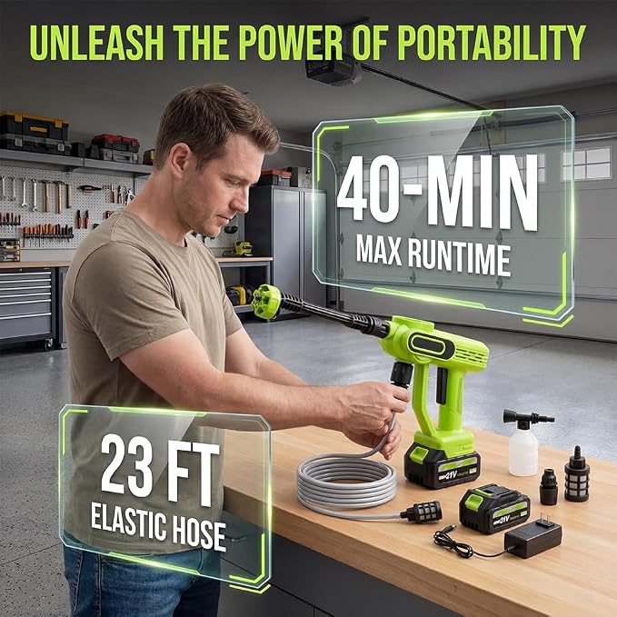 Cordless Portable Washer, 2026 Upgraded 1800 Psi Battery Powered Handheld Washer with 6-in-1 Nozzle, Battery Operated Pressure Washer for Car,Home,Bike,Garden Patio, Outdoor Cleaning (Green)