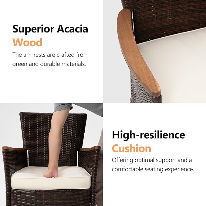 RoyalCraft 5 Piece Patio Wicker Dining Sets for 4, Water-Resistant Rattan Outdoor Dining Table and 4 Chairs with Wood Table Top, Conversation Set Removable Cushions for Deck, Garden, Backyard, Brown
