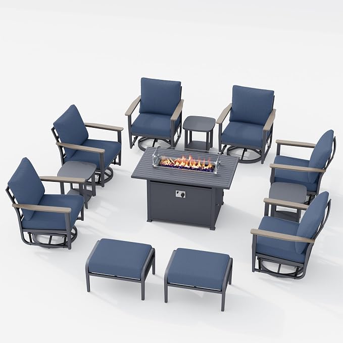 Aluminum Patio Swivel Rocking Chair Outdoor Bistro Set, 12pcs Patio Conversation Set Outdoor Patio Furniture Set with High Backrest & Thickened Cushions for Garden, Deck and Balcony, Navy Blue