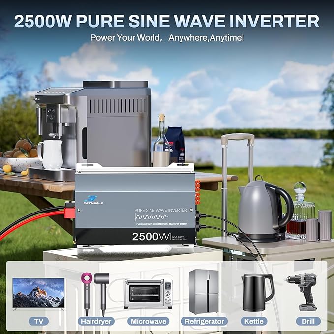 2500W Pure Sine Wave RV Inverter with Built-in ATS, 12V DC to 110V/120V AC Converter, 5000W Peak, Shore Power Automatic Bypass, 2 AC Outlets, USB & Type-C, LCD Remote Control