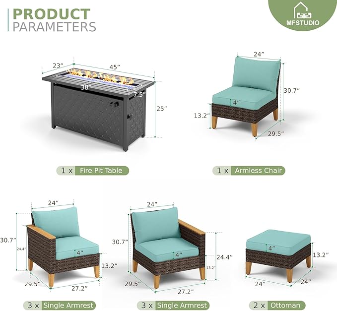 MFSTUDIO 9 Piece Wicker Patio Furniture Set with Fire Pit Table, 2 x Loveseat Sofa, 2 x Ottoman, 3-Seat Sofa, All-Weather Outdoor PE Rattan Patio Conversation Set for Garden(Aqua Blue Cushions)