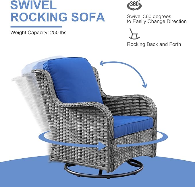 HOOOWOOO Patio Outdoor Sectional Furniture Sofa Set with Swivel Chairs,8 Pieces L Shaped Corner Wicker Rattan Couch Set with Glass Table,Modern 6 Persons Summer Patio Conversation Set(Navy Blue)