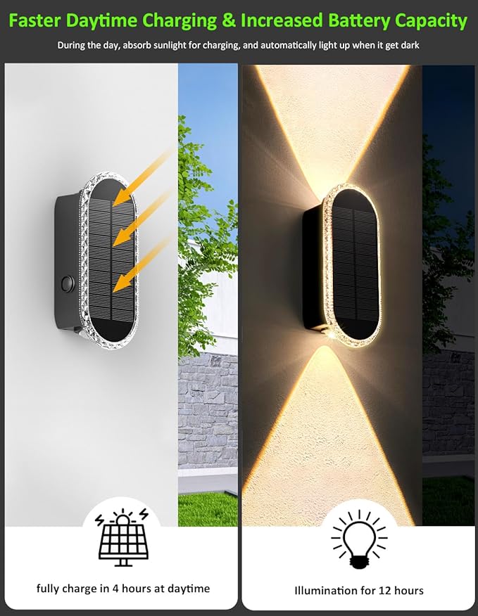 Solar Fence Lights Outdoor, 3000K/4000K/6000K 3 Modes Solar Wall Lights Outdoor Waterproof, Up&Down Dual-Head Outdoor Solar Lights for Yard House Fence Backyard Deck Garden Patio Porch, 6 PK