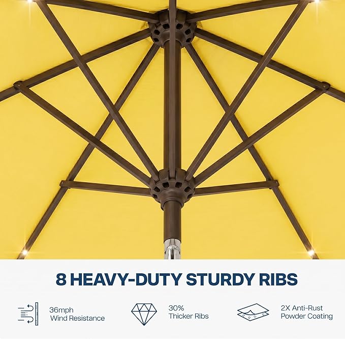 10FT Solar Patio Umbrella with Lights, Outdoor Table Market Umbrella with 32 LED Lights, 8 Sturdy Ribs, Push Button Tilt and Crank for Pool, Deck and Garden, UV-Resistant
