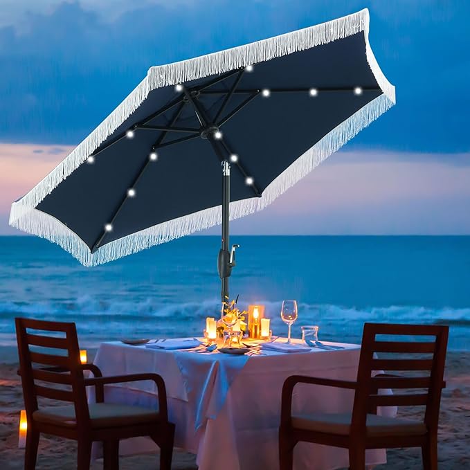 GDY 7.5 ft Fringe Patio Umbrella with 18 LED Solar Lights ，Stylish Fringe Decor for Graden, Pool, Beach, Deck, Navy Blue