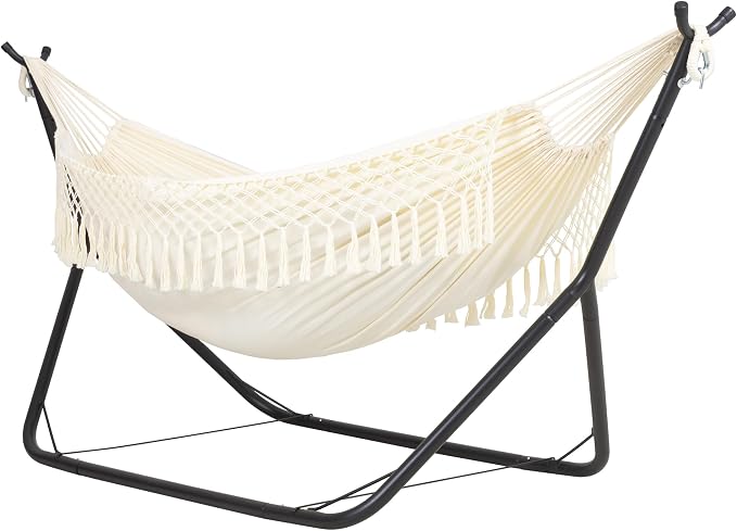 ANOW Outdoor Hammock with Stand Included, Space Saving Heavy-Duty Hammock Stand with Adjustable Height, 475 Lbs Capacity, Cream with Tassels