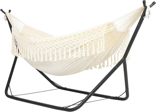 ANOW Outdoor Hammock with Stand Included, Space Saving Heavy-Duty Hammock Stand with Adjustable Height, 475 Lbs Capacity, Cream with Tassels