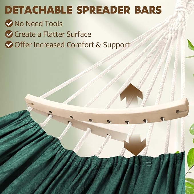 Chihee Cotton Hammock Holds Up to 660lbs Fabric Hammock 8.9x4.9ft Soft Portable Tree Hammocks Camping with Detachable Spreader Bar Pillow 2 Strong Webbings 2 Carabiners Indoor Outdoor Backyard Garden