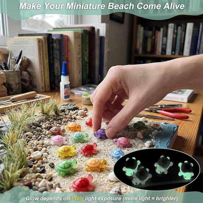 100 Pcs Glow in The Dark Mini Resin Turtles, Luminous Tiny Sea Turtle Figurines to Hide, Small Plastic Ocean Animals for Aquarium, Micro Landscape, Fairy Garden & DIY Crafts Décor