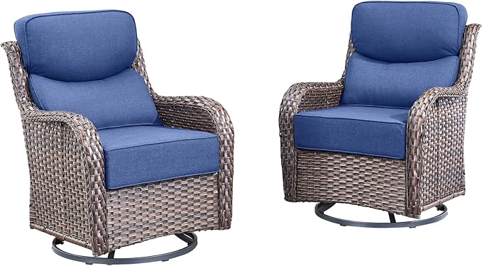 Rilyson Outdoor Swivel Rocker Chairs - All Weather Resistant Wicker Patio Furniture Set of 2 with High Back and 6 inch Thick Cushions for Deck Porch Yard and Poolside, Brown/Blue