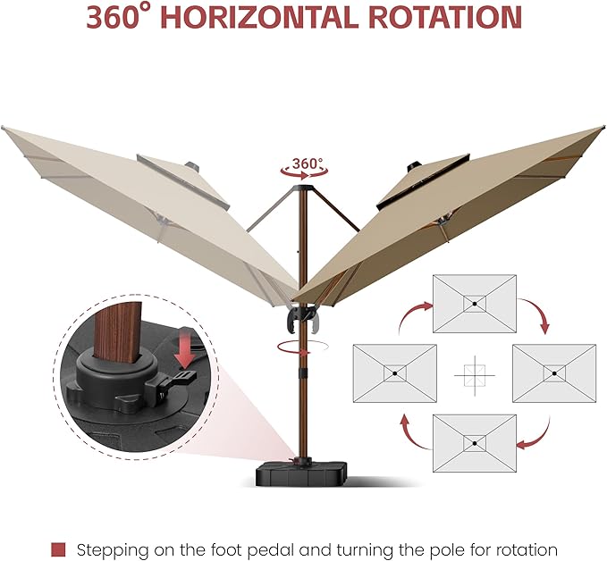 GENTEACO 10x13FT Rectangle Cantilever Patio Umbrella w/Base Included, Deluxe Wood Pattern Pole & 7 Angle Tilts, 360° Rotation, Offset Hanging Market Umbrellas for Garden Pool Patio, Tan