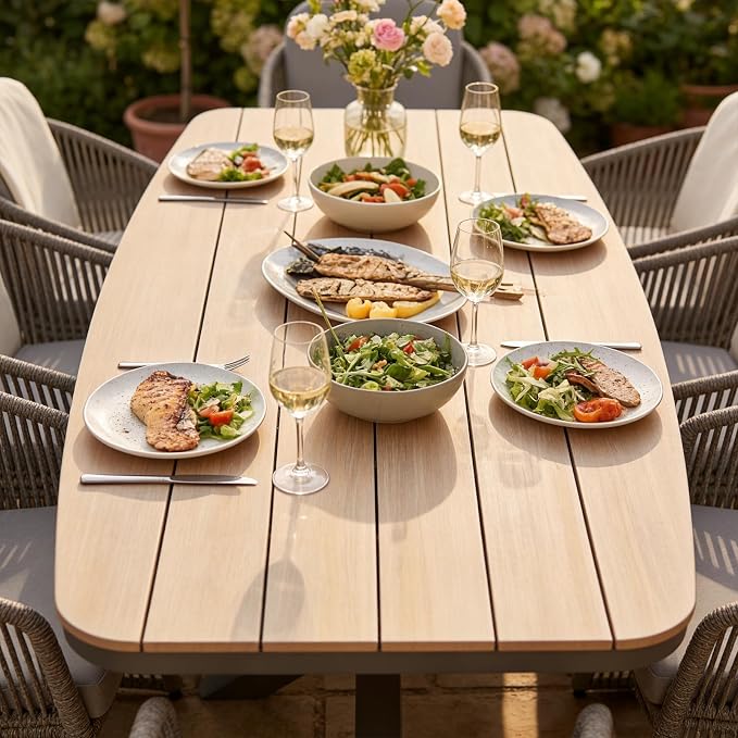 SUNSITT 9 Piece Outdoor Patio Dining Set, Patio Dining Furniture Set with 87” Aluminum Dining Table w/X Base Legs and 8 Woven Wicker Outdoor Patio Chairs w/Curved Armrest for Garden, Dark Grey