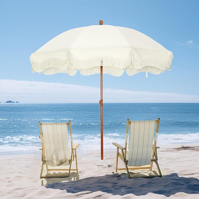PHI VILLA 7ft Fringe Beach Umbrella White with Sand Anchor, Outdoor Patio White Portable Beach Umbrella for Sand with Tassels, Push Button Tilt & Carrying Bag, UPF 50+