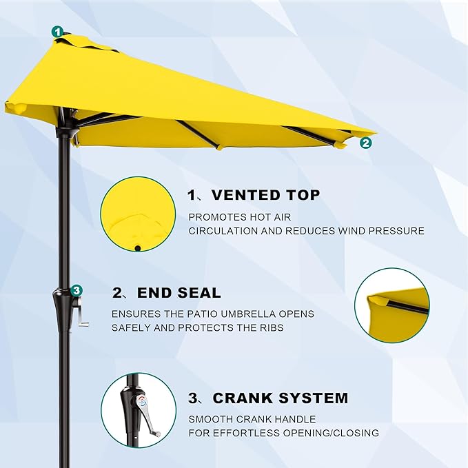 AreShark 9FT Half Patio Umbrella, Outdoor Wall Umbrella with Crank & 5 Sturdy Ribs, Table 1/2 Umbrella Patio for Garden, Deck, Balcony and Pool, Yellow