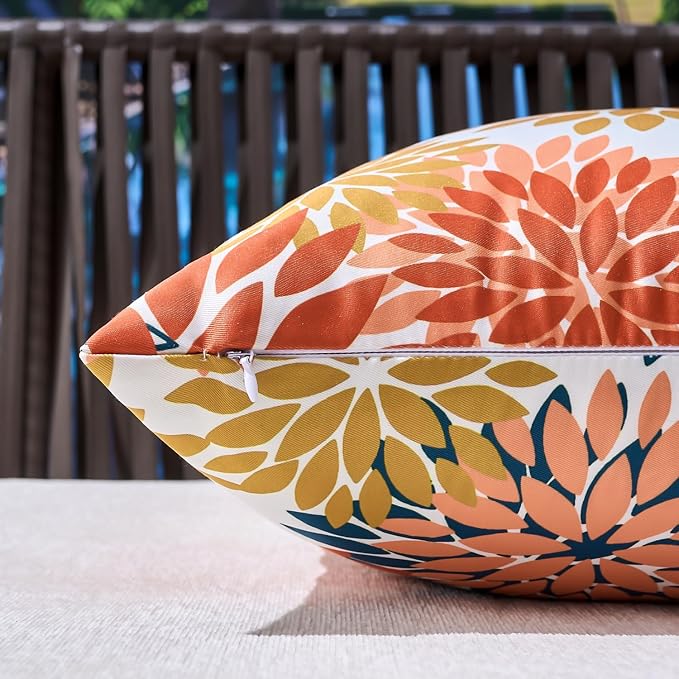 Set of 2 Dahlia Waterproof Throw Pillow Covers Outdoor Decorative Flowers Cushion Covers 18×18 Inch Spring Summer Pillowcases with Invisible Zipper for Couch Bench Garden Patio Funiture
