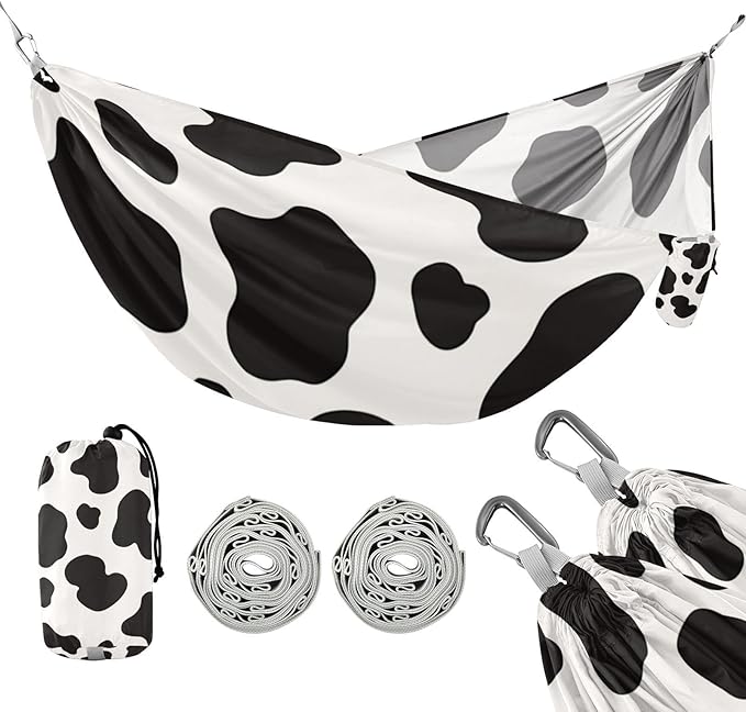 Cow Print Black White 330lb Capacity Camping Hammock with Tree Straps Backyard Hammock for Outside Patio Garden Bases para hamacas para adultos