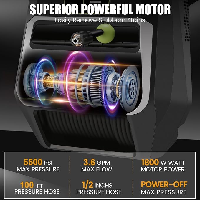 Wall Mounted Pressure Washer - Max 5500 PSI 3.6 GPM, 5 Levels Power Washer with 100FT Retractable Hose for Car/Driveway, Automatic Rewind, Any Length Lock, Black