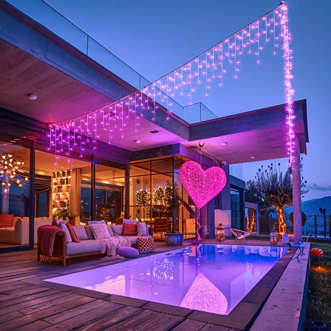 Pink Christmas Lights Outdoor Icicle Lights for Outside 33ft 400 LED String | Twinkle Lights Clear Wire Connectable 8 Modes Timer Plug in Waterproof for Window Party Wedding Holiday Patio Tree Decoration