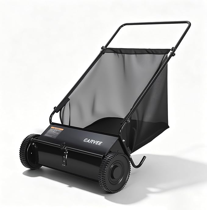 Garvee 26 Inch Push Lawn Sweeper, Walk Behind Leaf Grass Collector with 7 Cu ft Hopper Bag, Carbon Steel Frame, Yard Sweeper with Adjustable Brush Height for Garden Patio Driveway Leaves Cleanup