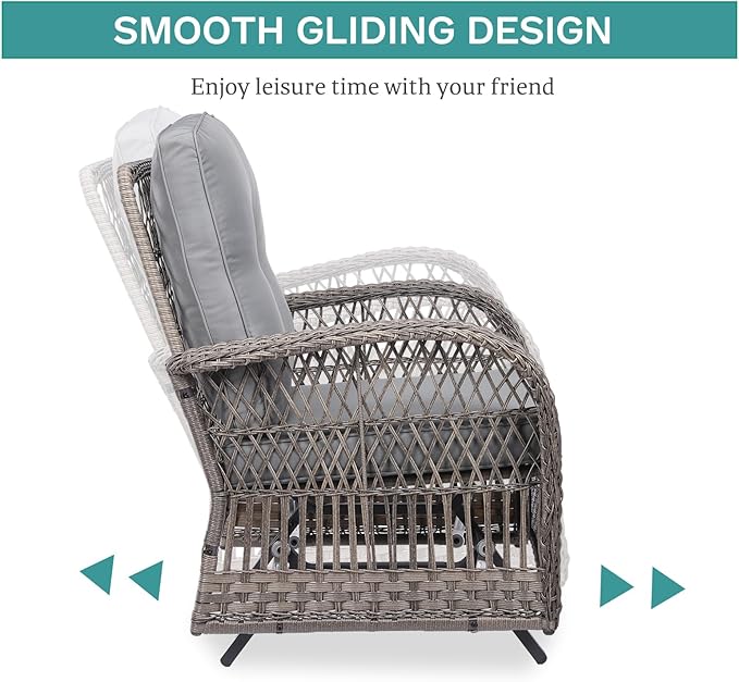 MEETWARM 3 Pieces Outdoor Patio Wicker Rocking Glider Set, Rocking Chairs Rattan Patio Furniture Sets with Glass-Top Coffee Table and Thickened Cushion, Conversation Bistro Set, Gray