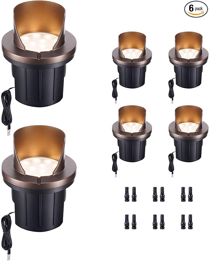 Low Voltage Landscape Well Lights Outdoor, LED In-Ground Lights Warm White 3000K, 12V IP67 Waterproof Aluminum ORB Single-Side Lighting for Trees & Fences, 6 Pack
