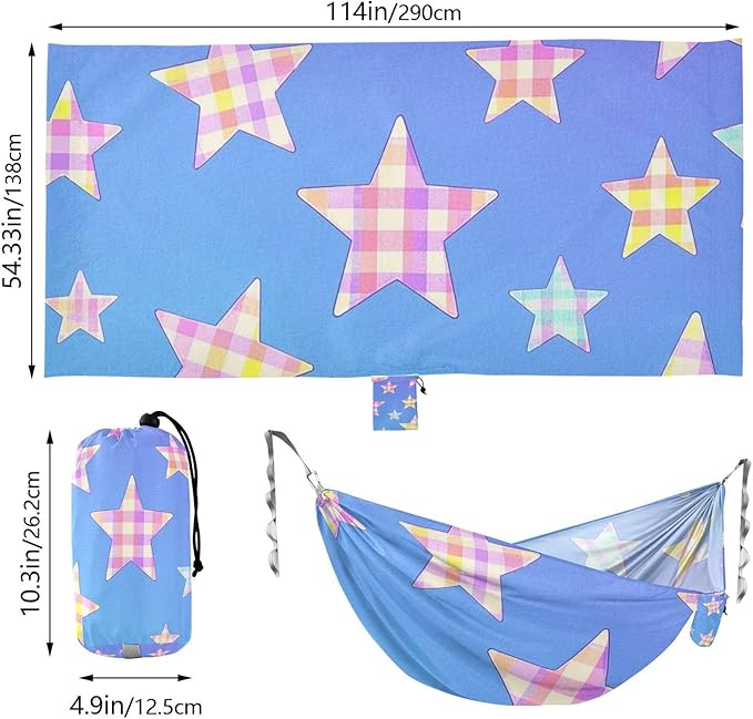 Cartoon Checkered Plaid Star Blue 330lb Capacity Camping Hammock with Tree Straps Portable Hammock for Outside Camping Essentials hamaca de Algodon para Jardin