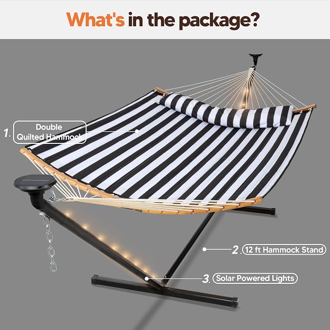 SUNCREAT Double Outdoor Hammock with 12 ft Stand, Patio Standing Hammock with Stand, Black & White