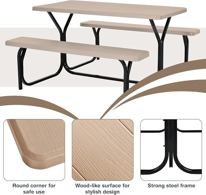 DORTALA Plastic Picnic Table for Outdoors, All Weather Faux Wood Patio Picnic Table Set with Benches for Outdoor, Cafeteria and Commercial, Brown