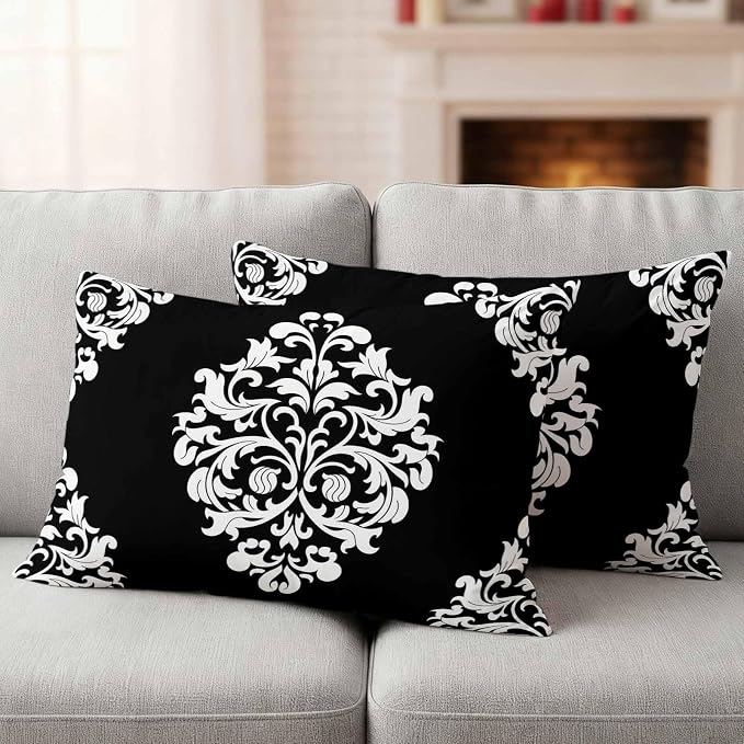Outdoor Pillow Covers Set of 2, Aesthetic Boho Black White Floral Decorative Throw Pillow Covers 20X12IN, Abstract Minimalist Art Throw Pillows Protector Cushion Case for Patio,Couch,Sofa,Garden