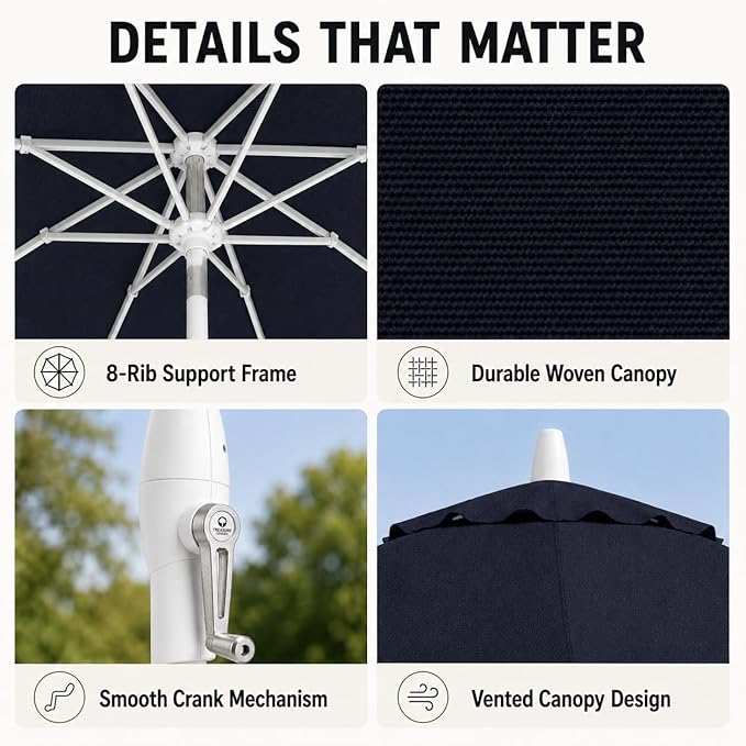 Treasure Garden 9ft Patio Umbrella - Outdoor Furniture Market Umbrella – Deluxe Auto-Tilt – White Aluminum Frame (Sunbrella, Navy)