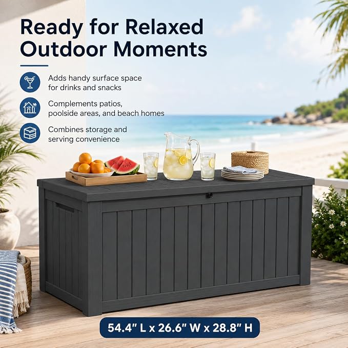 Outdoor Deck Patio Storage Box - 170 Gallon Large Outdoor Deck Box, Plastic Storage Bin with Lid, Outside Toy Box & Pool Storage Container for Cushions, Garden Tools, Towel, Black