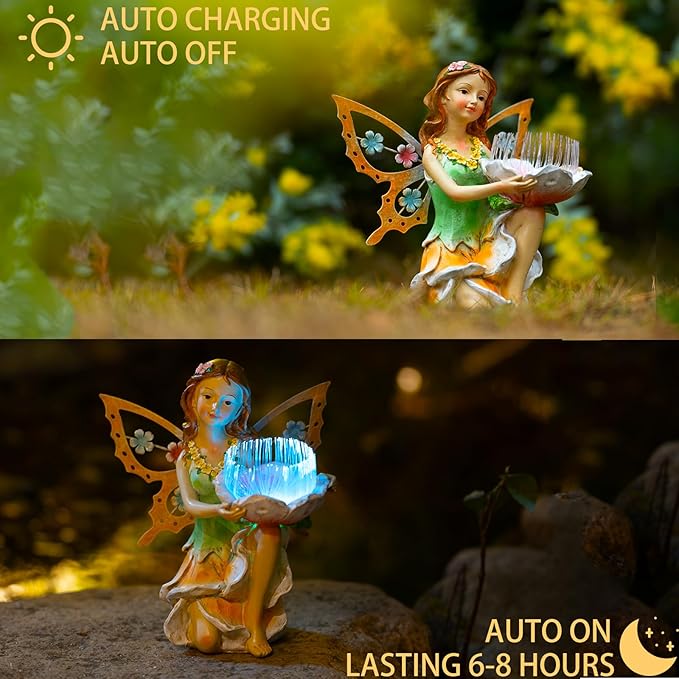 Suyorpe Fairy Decor Solar Outdoor Statues, Fairy Garden Accessories for Outside Garden Gifts,Resin Ornaments for Patio Yard Lawn,Size6.5 x 5.12 x 9.45 inches