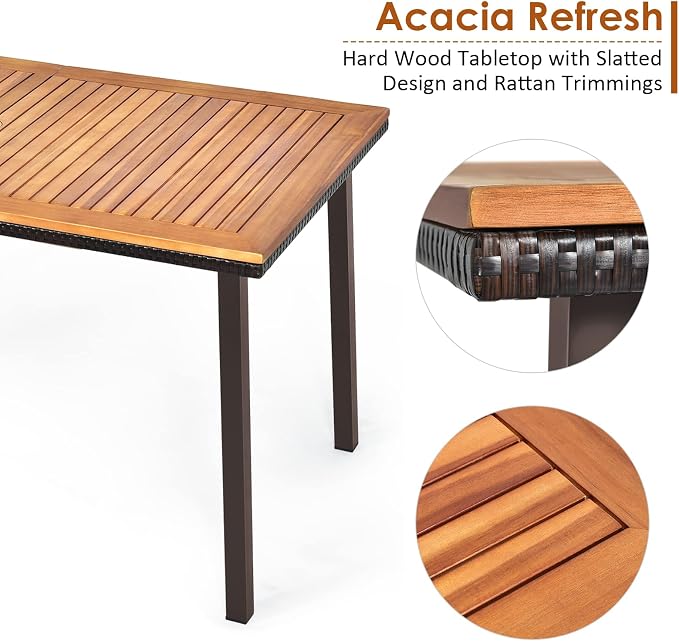 Tangkula 55 Inches Acacia Wood Patio Dining Table for 6, Rectangle Outdoor Dining Table with Metal Frame and Umbrella Hole, 6-Person Outside Table for Patio, Garden, Yard