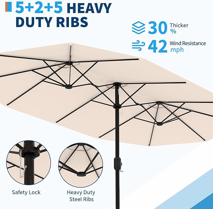 GarveeTech 15FT Double-Sided Rectangular Patio Umbrella with Base – Large Outdoor Market Umbrella for Poolside, Lawn & Backyard, Oversized Shade for 4-6 Person Tables