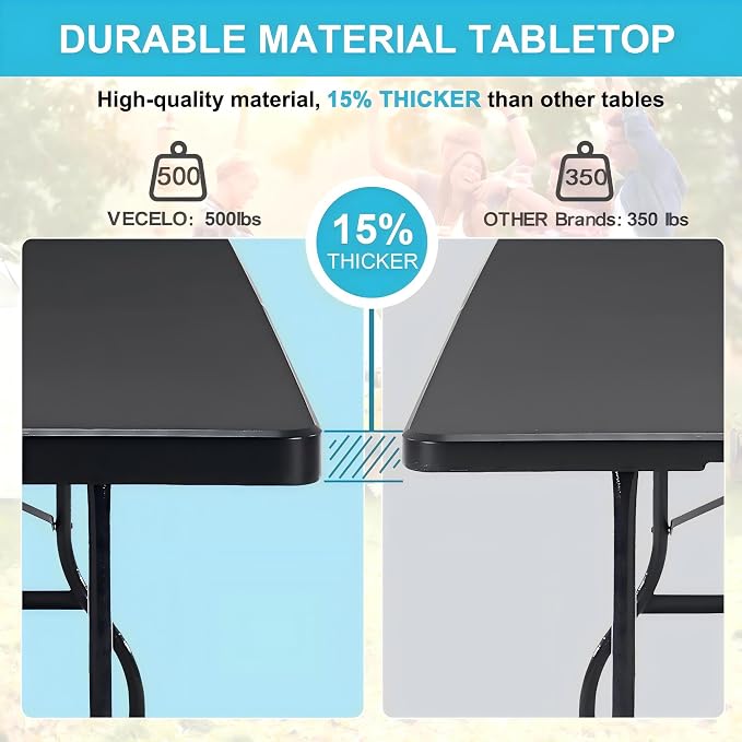 VECELO 6 FT Thick Top Picnic Table with Portable Mesh Bag, Folding Table with Strong Side Support, 500lbs Capacity for Outdoor Camping, Party, Dining - Black