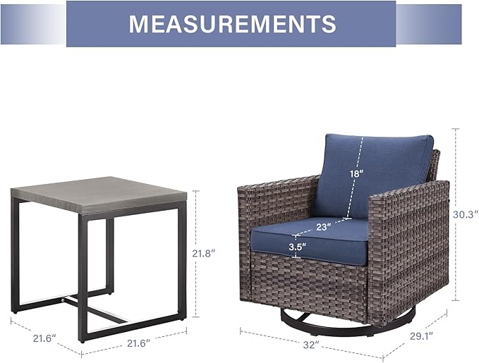 Outdoor Patio Swivel Rocker Chairs - 3 Piece Wicker Patio Furniture Bistro Swivel Rocking Chairs Set with Comfortable Cushions,Sturdy Metal Frame and Side Table for Porch Deck(Mixed Grey/Blue)