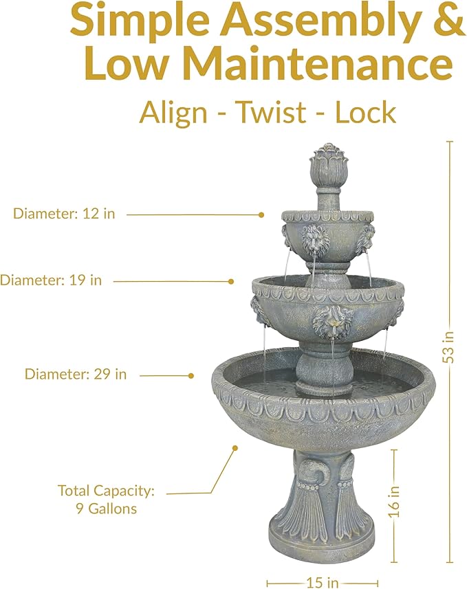 Sunnydaze Lion Head 53-Inch 3-Tier Outdoor Water Fountain with Electric Submersible Pump for Patio, Yard, or Deck