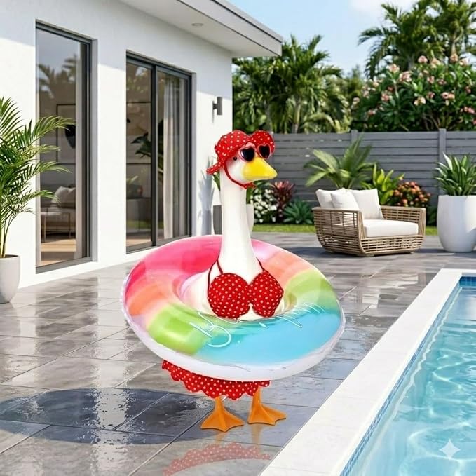 Bikini Porch Goose Outfits,Porch Goose Summer Outfits Swimsuit with Hat Sunglasses & Swim Ring,Fit 23'' Lawn Goose Statue for Summer Outdoor Garden Lawn Yard Decor (Swimsuit-red)