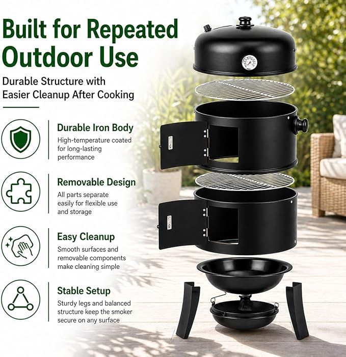 16 Inch Charcoal Smoker for Meat, Vertical Smoker Grill, Small Smoker for Backyard, Patio and Camping | 4-in-1 BBQ Smoker with Built-In Thermometer, Adjustable Air Vent, 2 Cooking Racks